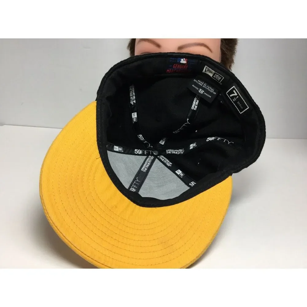 New Era 59Fifty Pittsburg Pirates Hat Black Yellow Spell Out Baseball Cap Sz 7.5